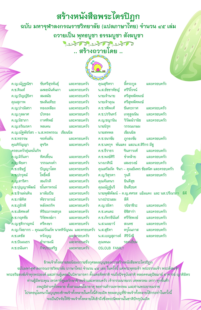 ตัวอย่าง รายชื่อผู้ถวาย หนังสือพระไตรปิฎก ที่ใส่ลงในหนังสือพระไตรปิฎก ทุกแบบ 
สำหรับบรรจุหนังสือ ชุดพระไตรปิฎกดังนี้
- พระไตรปิฎก แบบ 45 เล่มภาษาไทย 15,000.-
- พระไตรปิฎก แบบ 45 เล่ม สยามรัฐ (ไทย)15,500.-
- พระไตรปิฎก แบบ 45 เล่ม สยามรัฐ (บาลี) 13,000.-
- พระไตรปิฎก ฉบับ ส.ธรรมภักดี 18,000.-
- อรรถกถาภาษาไทย 20,000.-- หนังสือพระไตรปิฎกภาษาไทย 91 เล่ม
