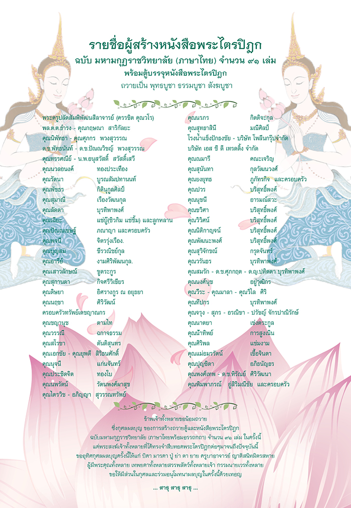 ตัวอย่าง รายชื่อผู้ถวาย หนังสือพระไตรปิฎก ที่ใส่ลงในหนังสือพระไตรปิฎก ทุกแบบ 
สำหรับบรรจุหนังสือ ชุดพระไตรปิฎกดังนี้
- พระไตรปิฎก แบบ 45 เล่มภาษาไทย 15,000.-
- พระไตรปิฎก แบบ 45 เล่ม สยามรัฐ (ไทย)15,500.-
- พระไตรปิฎก แบบ 45 เล่ม สยามรัฐ (บาลี) 13,000.-
- พระไตรปิฎก ฉบับ ส.ธรรมภักดี 18,000.-
- อรรถกถาภาษาไทย 20,000.-- หนังสือพระไตรปิฎกภาษาไทย 91 เล่ม